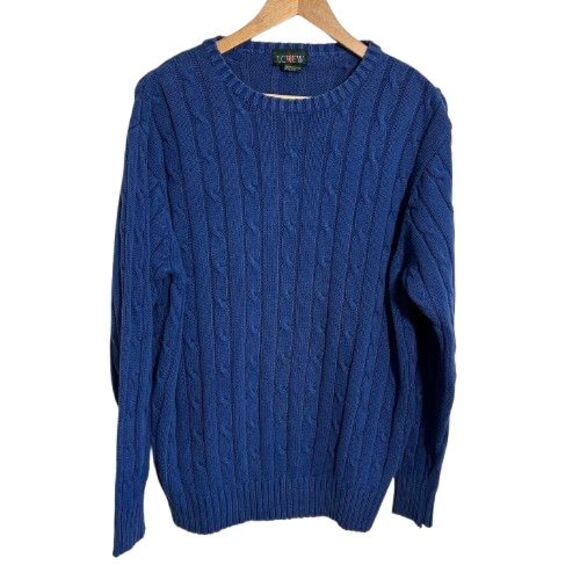 VTG J Crew Cable Knit Sweater Mens XL Navy Blue Fisherman 100% Cotton Crewneck - Picture 1 of 8
